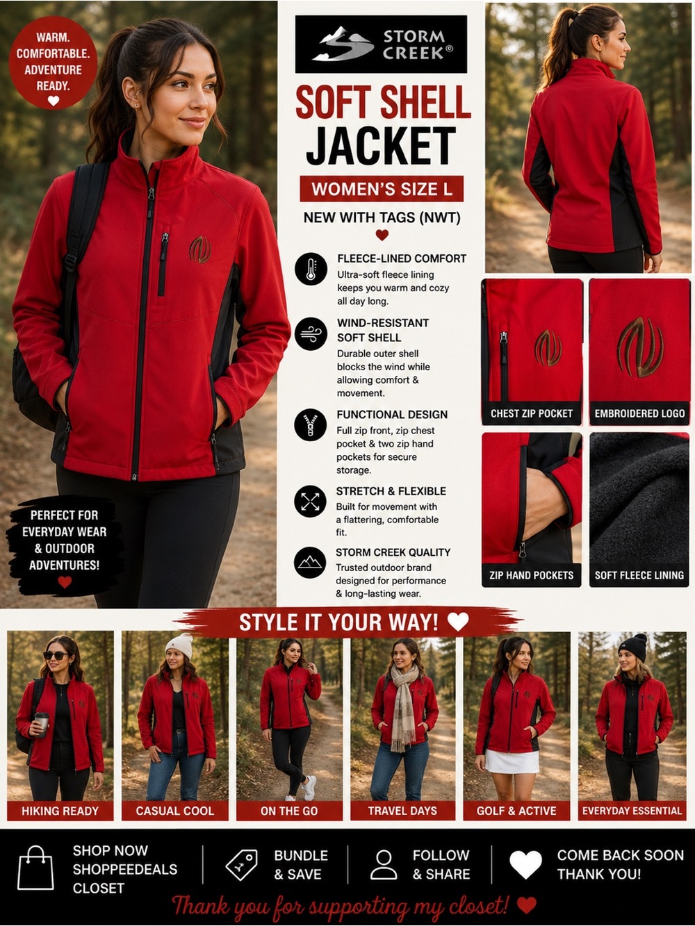 Storm Creek Red & Black Fleece-Lined Soft Shell Jacket Women’s Large NWT